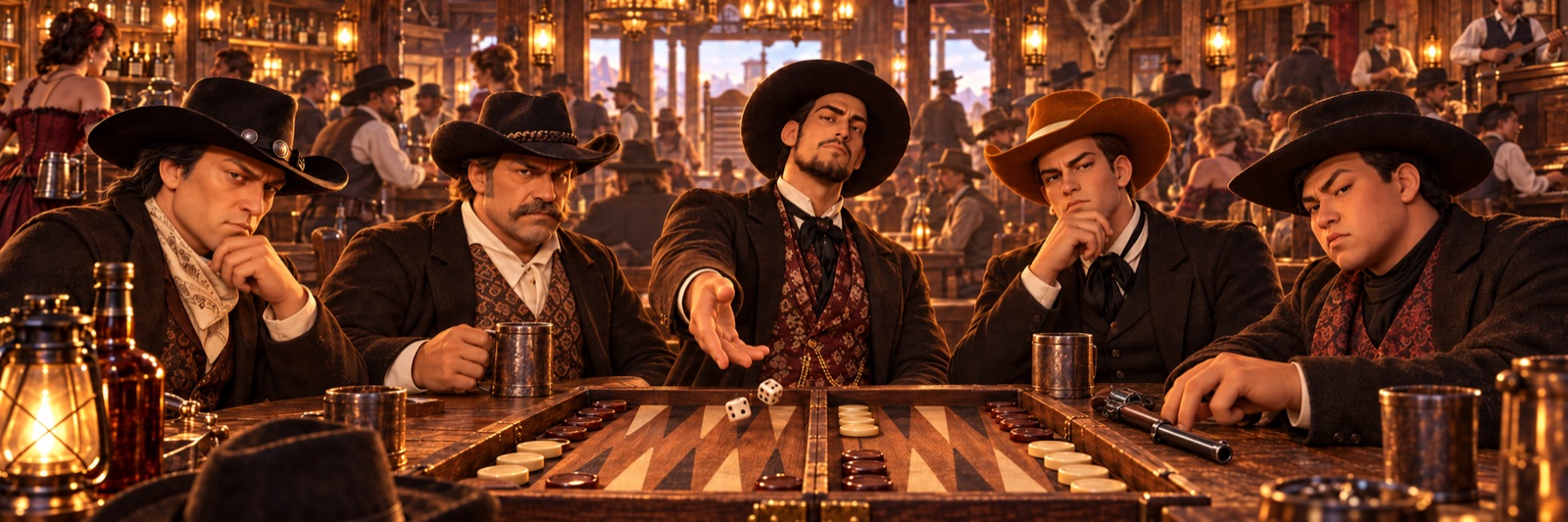 Illustrated western-themed banner of five men playing backgammon at a saloon table