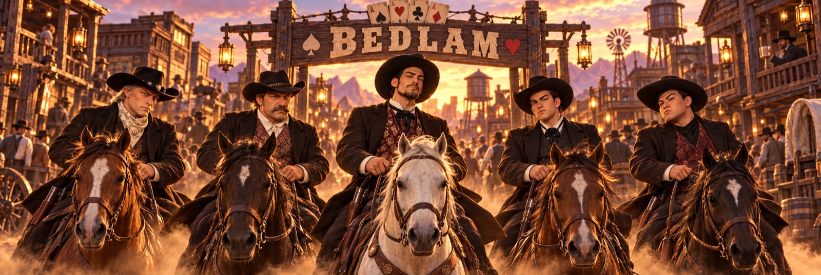 Illustrated western-themed banner of five riders on horseback beneath the Bedlam town gate at sunset