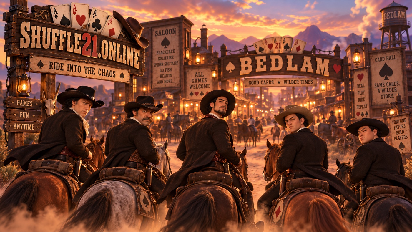 Illustrated western-themed banner of five riders heading toward the town of Bedlam beneath a Shuffle21.online sign