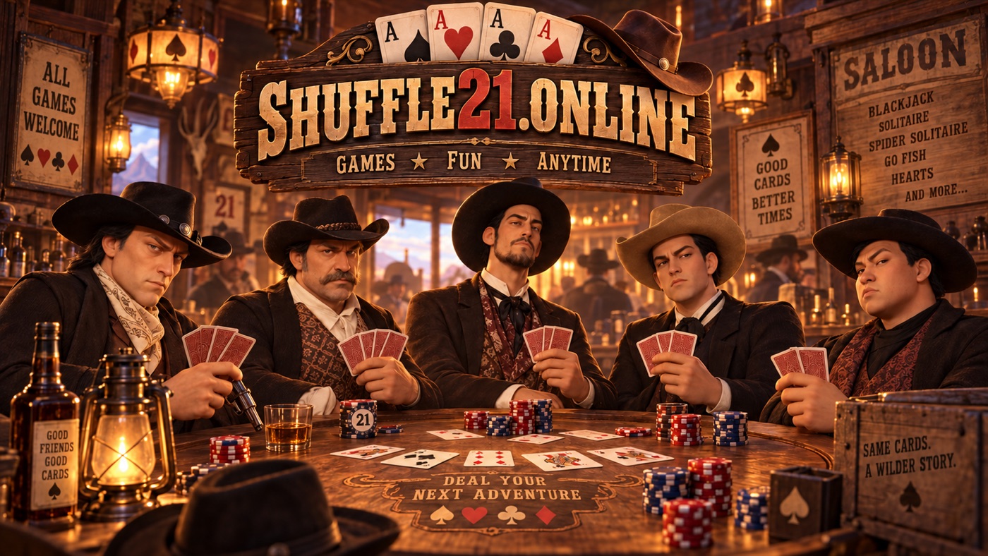 Illustrated western-themed banner of five card players seated around a saloon poker table beneath a Shuffle21.online sign