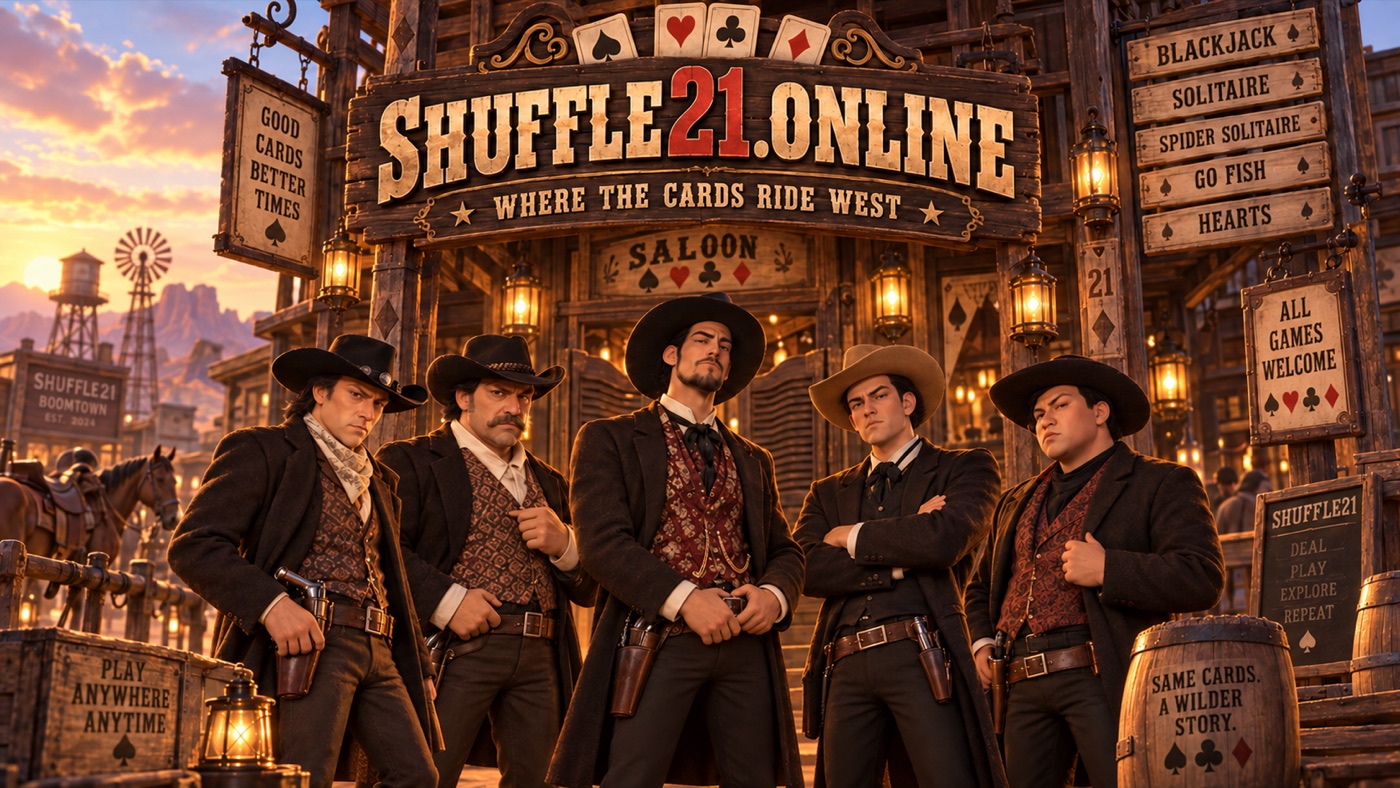Illustrated western-themed banner of the Shuffle21 saloon entrance, with signage listing Blackjack, Solitaire, Spider Solitaire, Go Fish, and Hearts